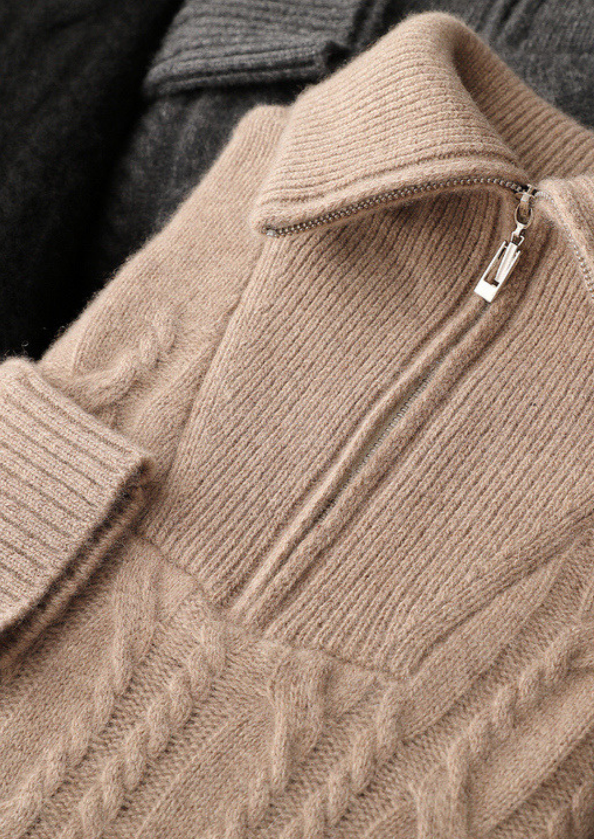 Pure Cashmere Beige Cable Half Zip Sweater | Arventti