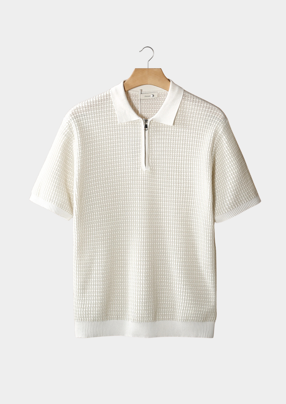 White Geometric Textured Zipper Polo | Arventti