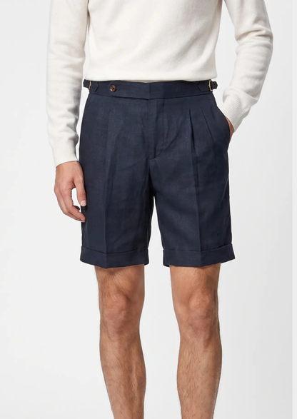 Navy Blue Pleated Linen Seaside Shorts | Arventti
