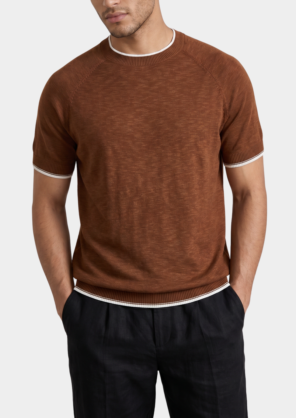 Capri Caramel Linen Contrast T-Shirt | Arventti