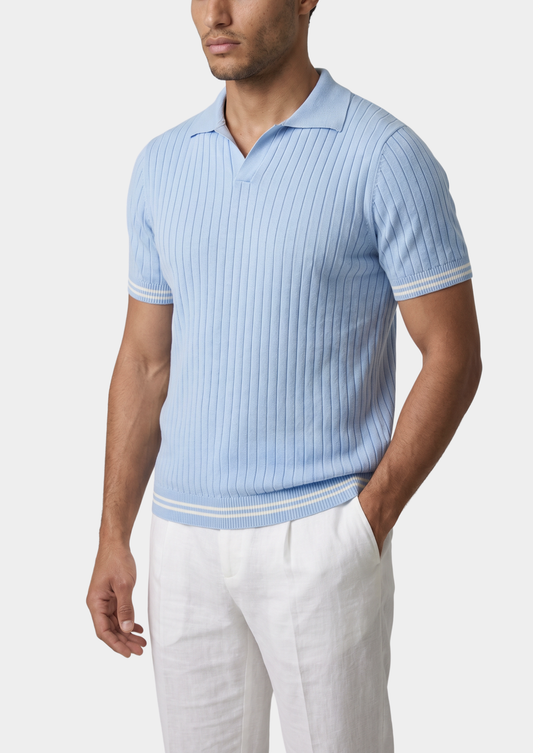 Pierre Light Blue Ribbed Buttonless Polo | Arventti