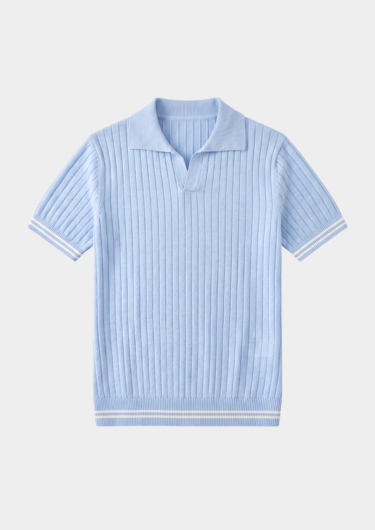 Pierre Light Blue Ribbed Buttonless Polo | Arventti