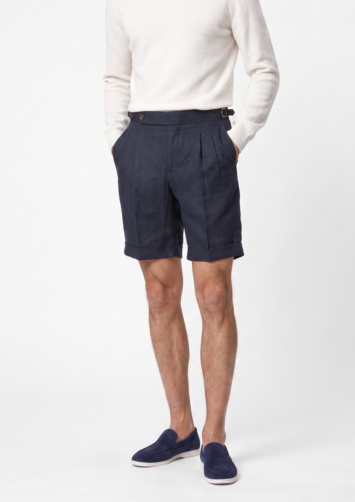 Navy Blue Pleated Linen Seaside Shorts | Arventti