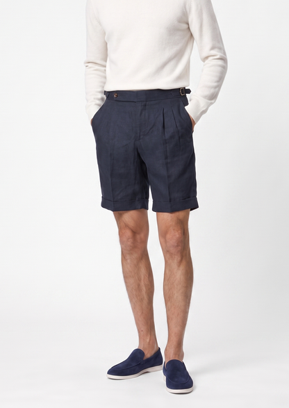 Navy Blue Pleated Linen Seaside Shorts | Arventti