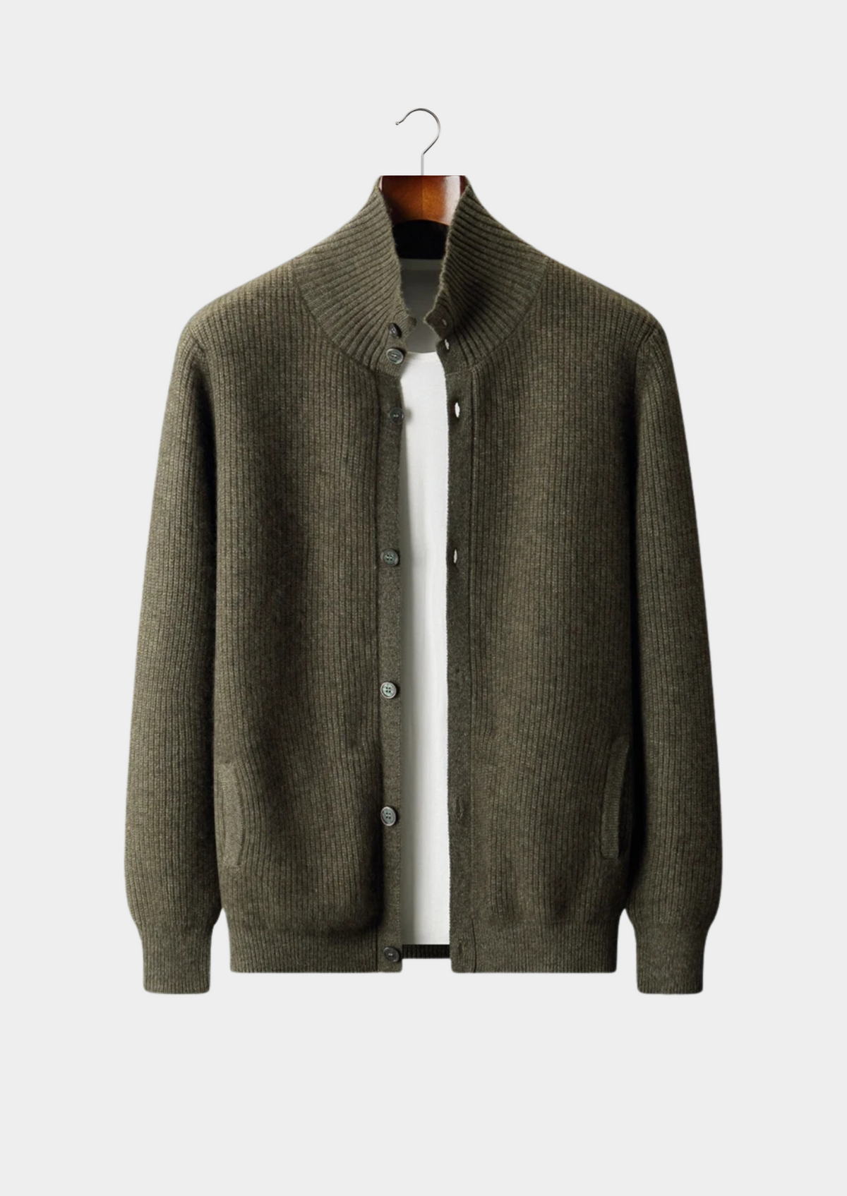 Premium Cashmere Ribbed High Collar Cardigan | Arventti