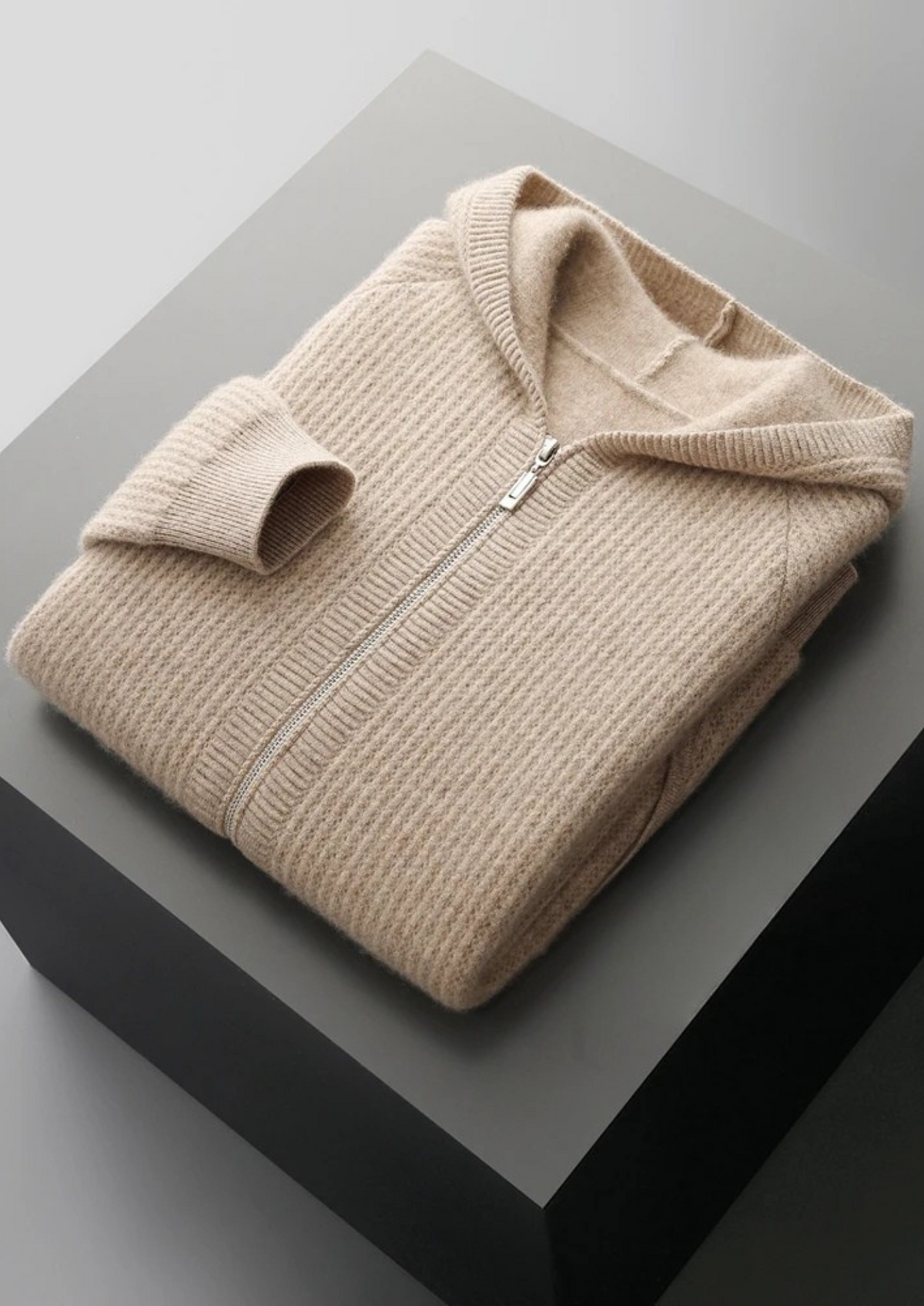 Pure Extra-Fine Merino Wool Ribbed Zipper Hoodie | Arventti