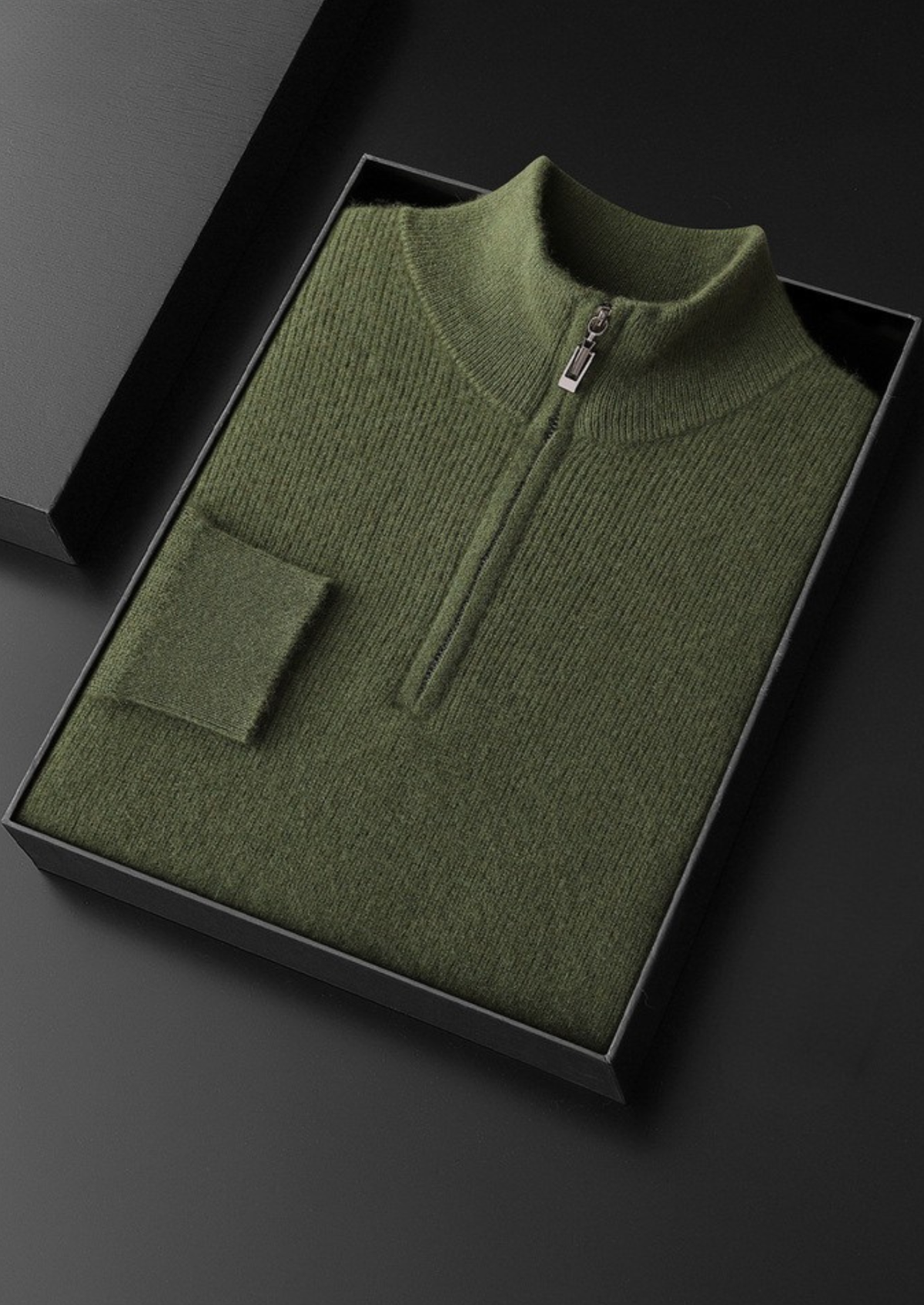 Pure Cashmere Olive Ribbed Half Zip | Arventti