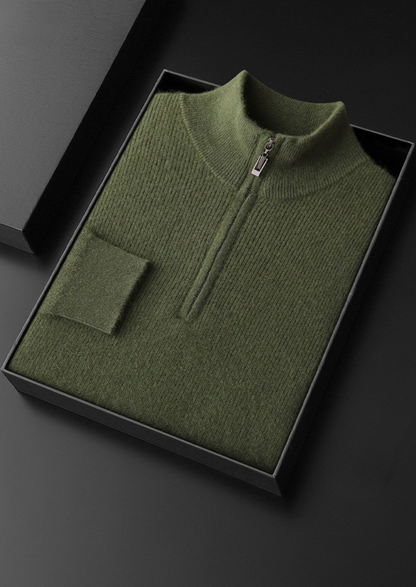 Pure Cashmere Olive Ribbed Half Zip | Arventti