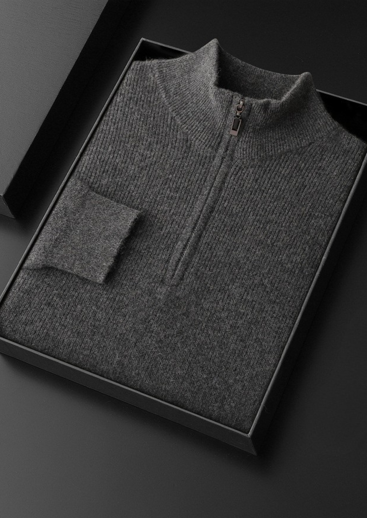 Pure Cashmere Dark Gray Ribbed Half Zip | Arventti