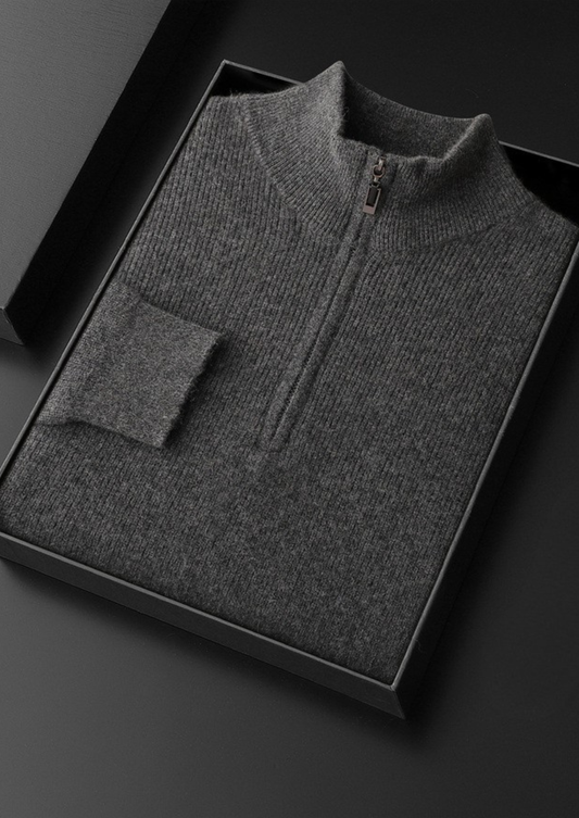 Pure Cashmere Dark Gray Ribbed Half Zip | Arventti