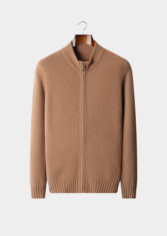 Pure Cashmere Mustard Ribbed Zip Cardigan | Arventti