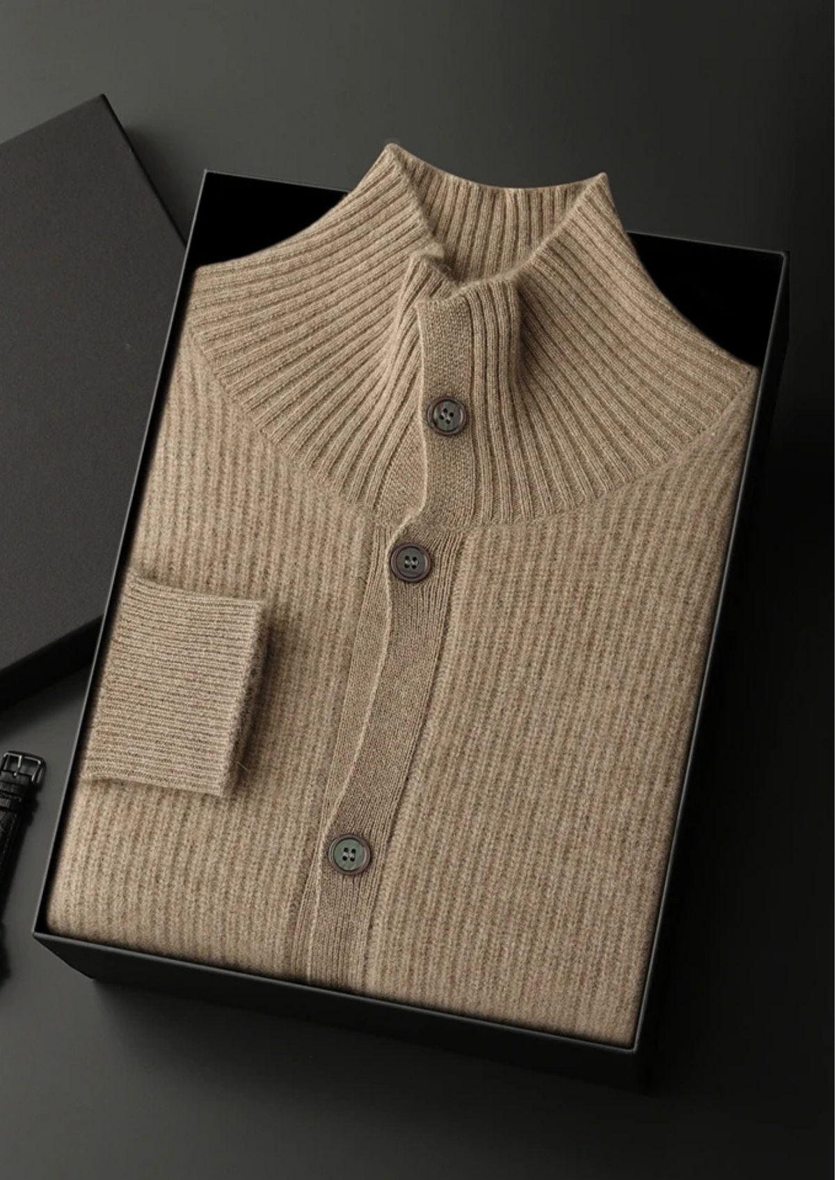 Premium Cashmere Ribbed High Collar Cardigan | Arventti