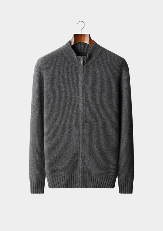Pure Cashmere Dark Gray Ribbed Zip Cardigan | Arventti