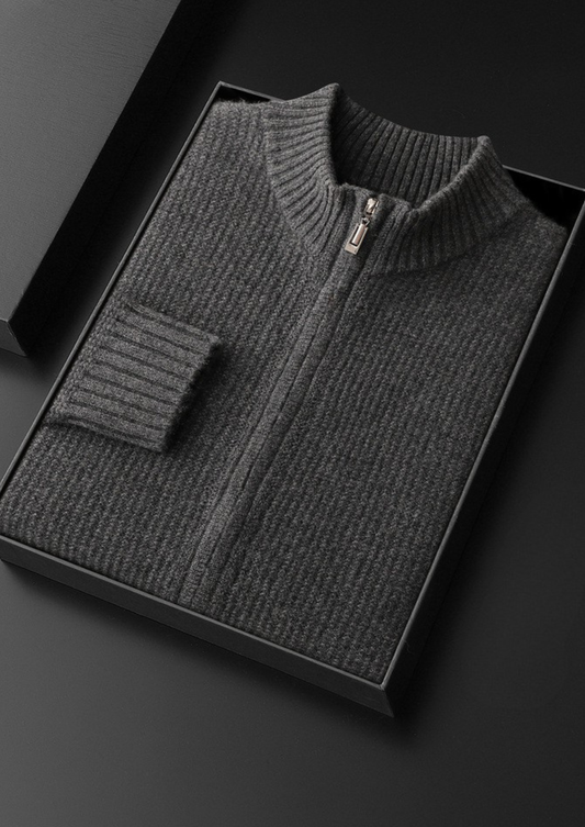 Pure Cashmere Dark Gray Ribbed Zip Cardigan | Arventti