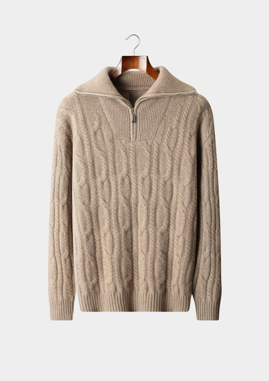 Pure Cashmere Beige Cable Half Zip Sweater | Arventti