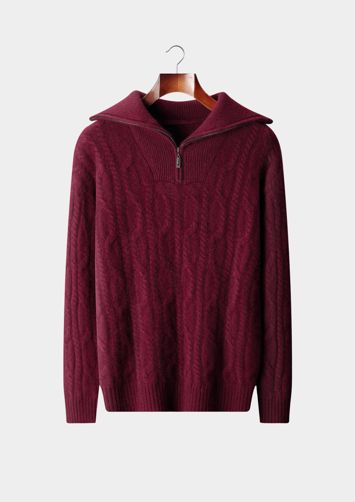 Pure Cashmere Burgundy Cable Half Zip Sweater | Arventti
