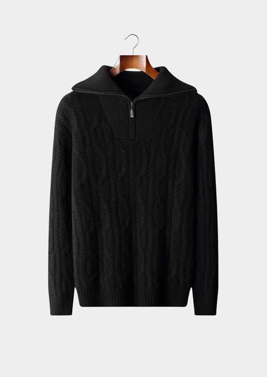 Pure Cashmere Black Cable Half Zip Sweater | Arventti
