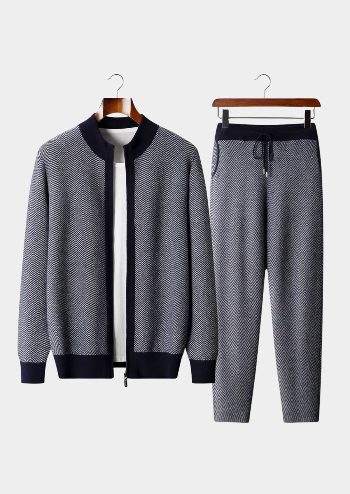 Pure Extra-Fine Merino Wool Navy Blue Herringbone Set | Arventti