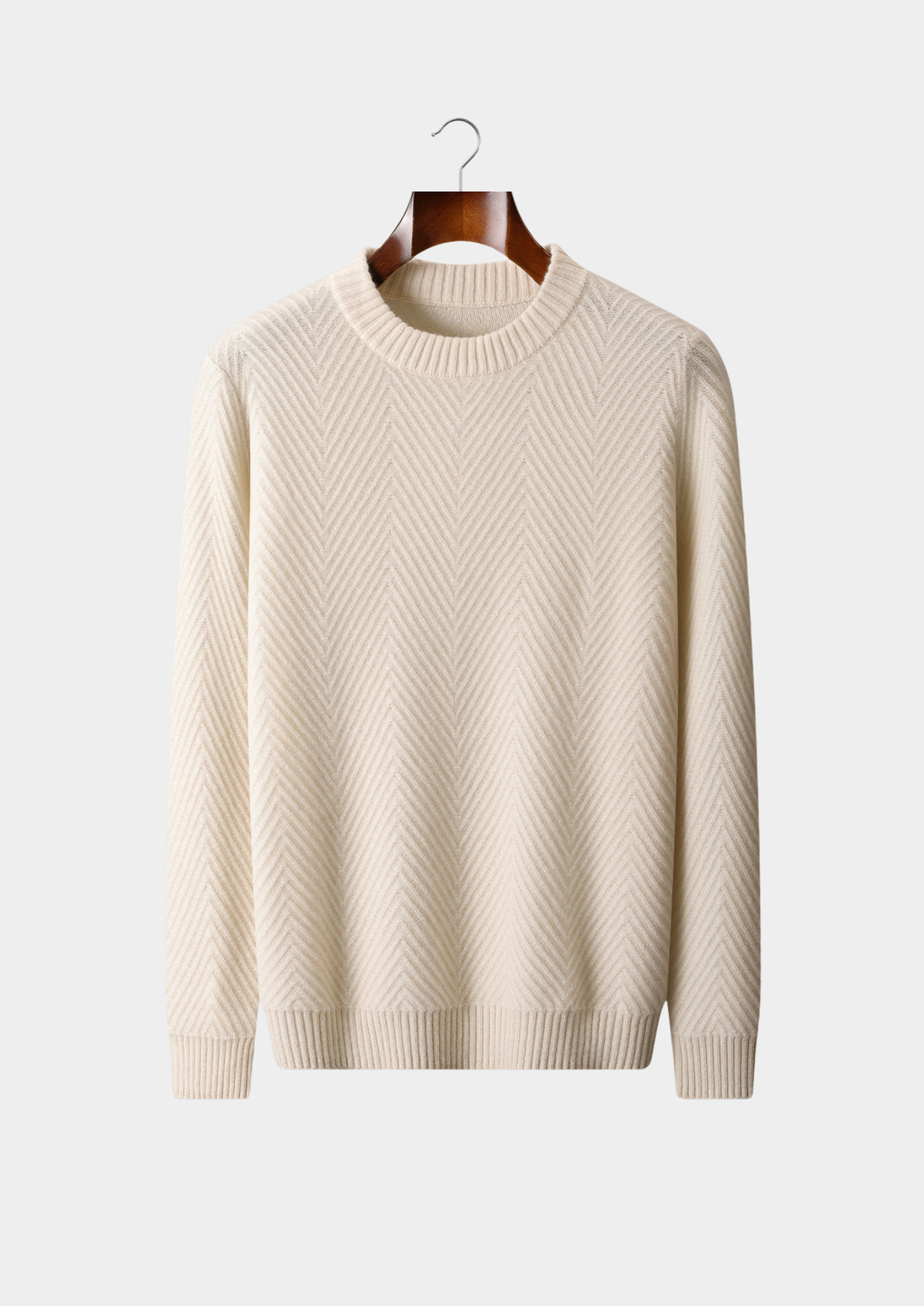 Pure Cashmere Ivory Herringbone Crewneck | Arventti
