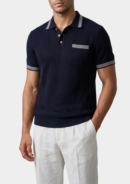 Leon Navy Blue Open Knit Lightweight Polo | Arventti