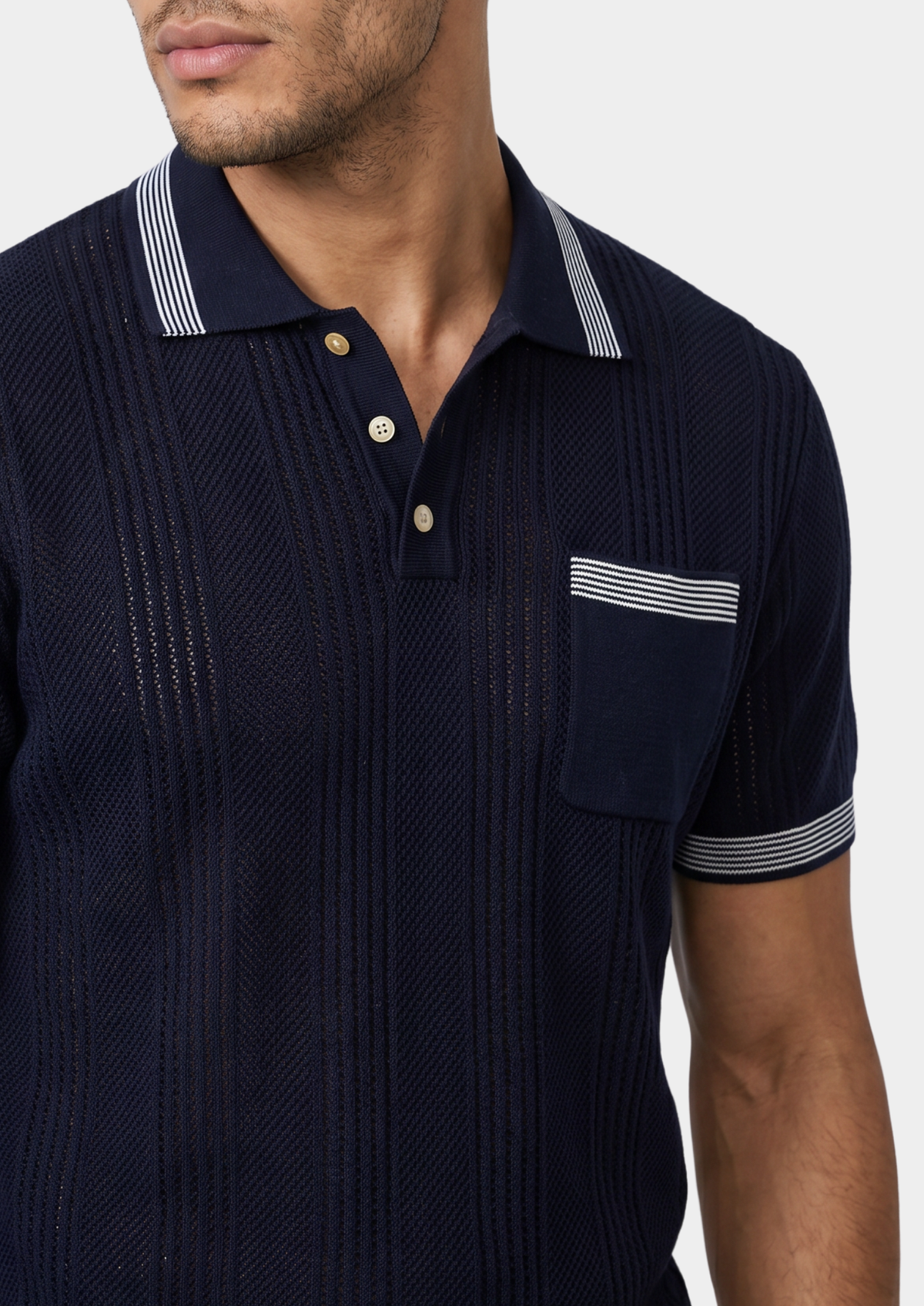 Leon Navy Blue Open Knit Lightweight Polo | Arventti