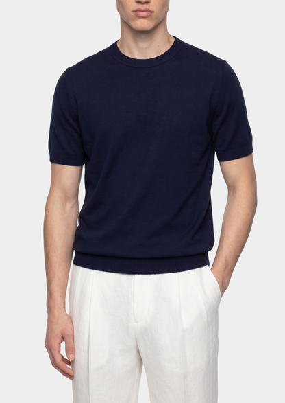 Essential Navy Blue Knitted Crewneck T-Shirt | Arventti