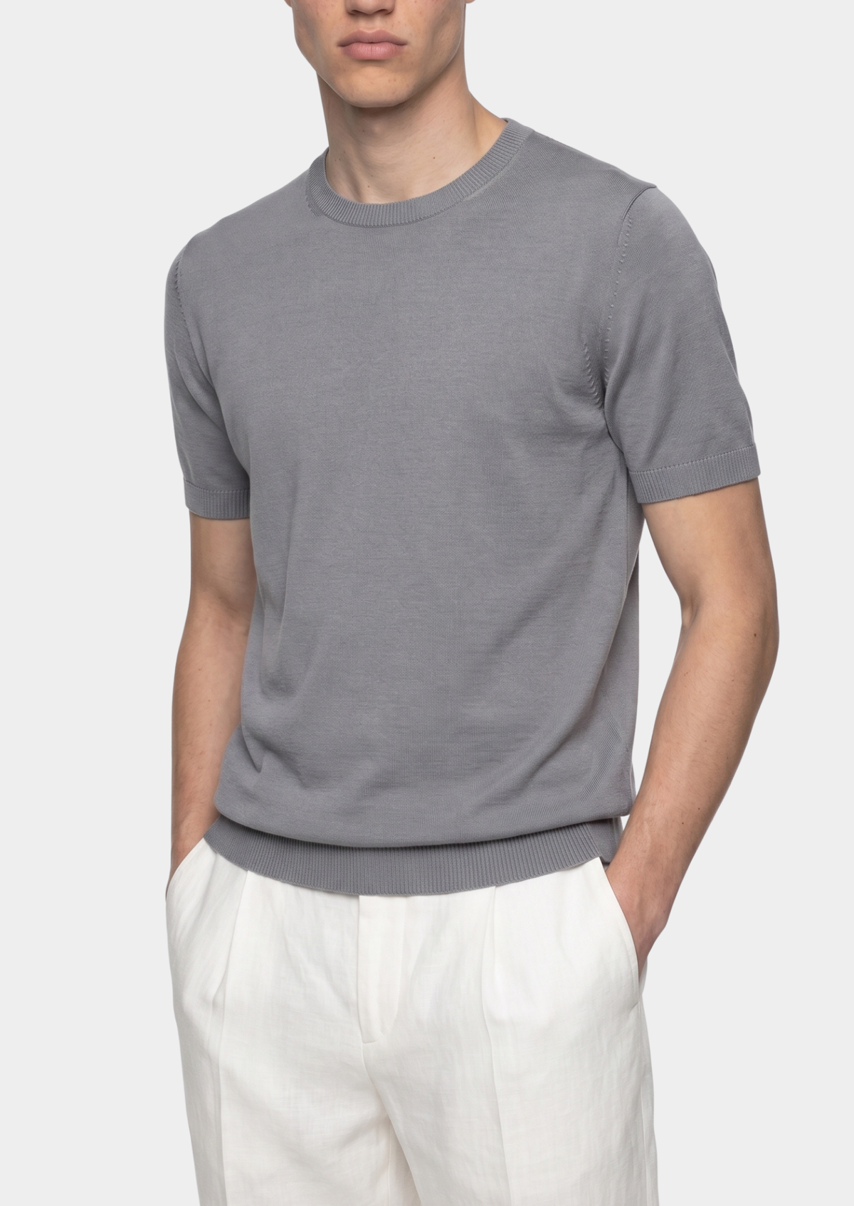 Essential Fog Gray Knitted Crewneck T-Shirt | Arventti