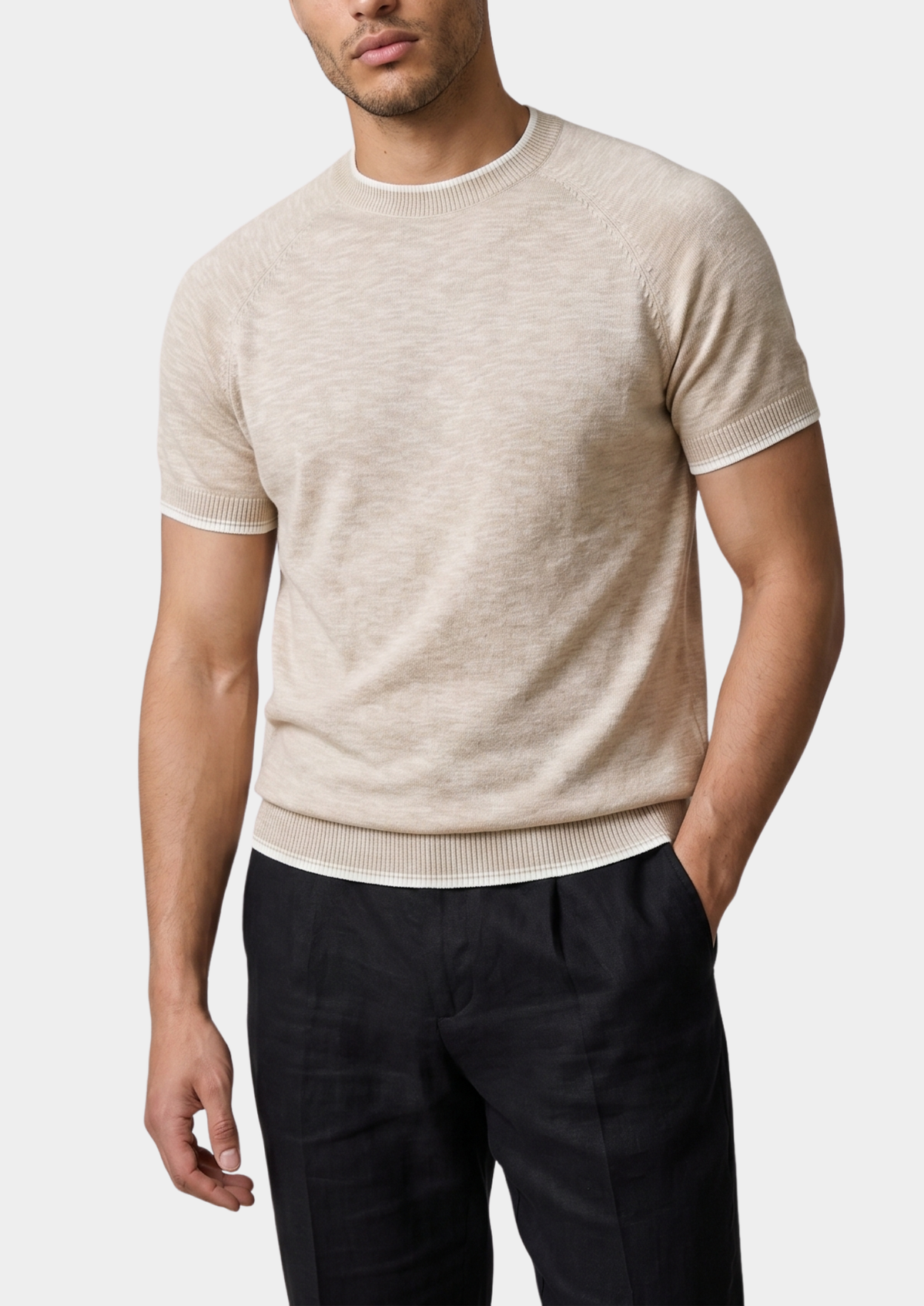 Capri Beige Linen Contrast T-Shirt | Arventti