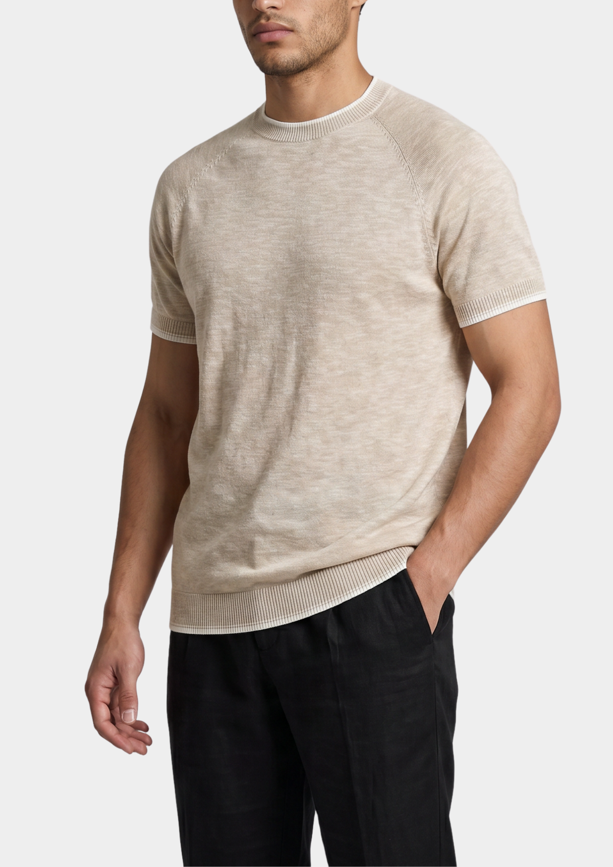 Capri Beige Linen Contrast T-Shirt | Arventti