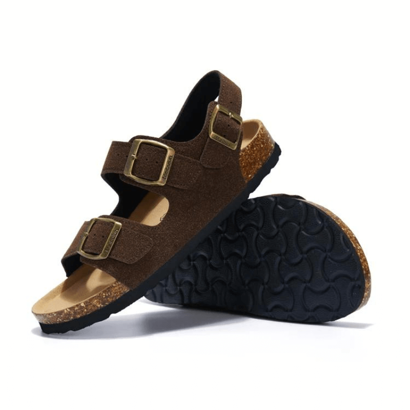 Amalfi Three-Strap Cork Sandals - Dark Brown | Arventti