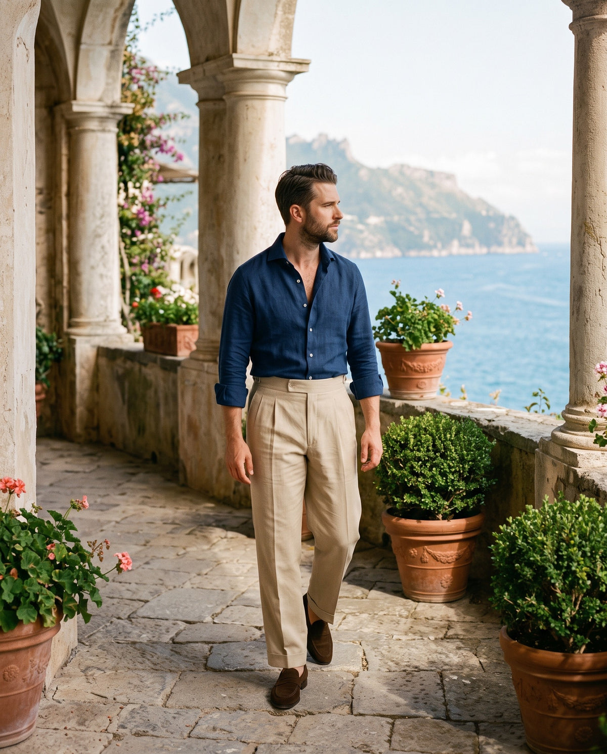 Arventti summer look: navy linen shirt, sand pleated trousers, coffee suede loafers