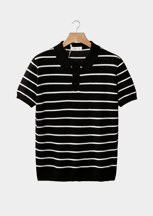 Black Striped Textured Button Polo | Arventti