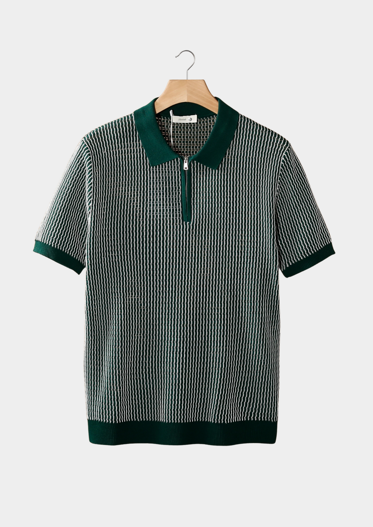 Green Geometric Textured Zipper Polo | Arventti