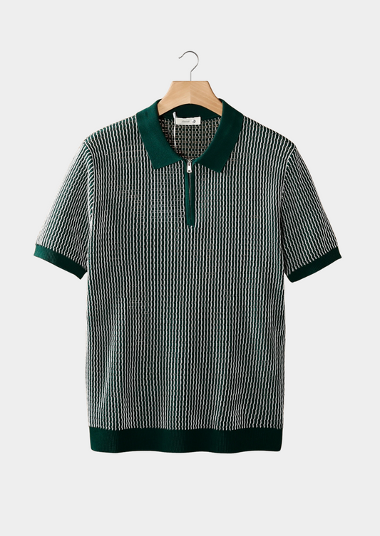 Green Geometric Textured Zipper Polo | Arventti