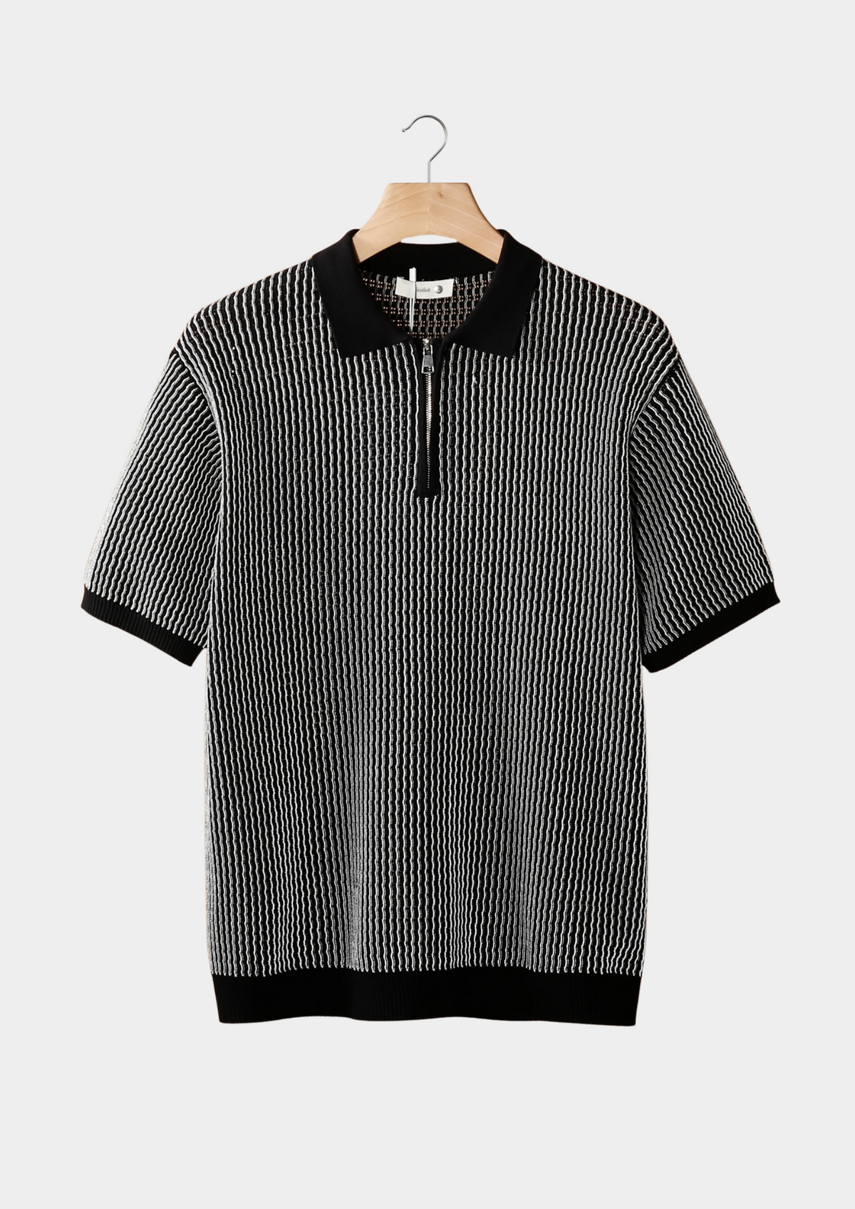 Black Geometric Textured Zipper Polo | Arventti