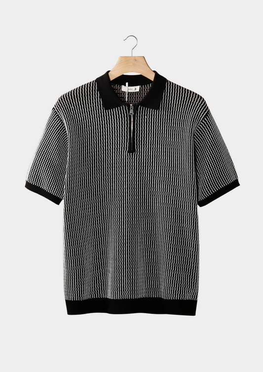 Black Geometric Textured Zipper Polo | Arventti