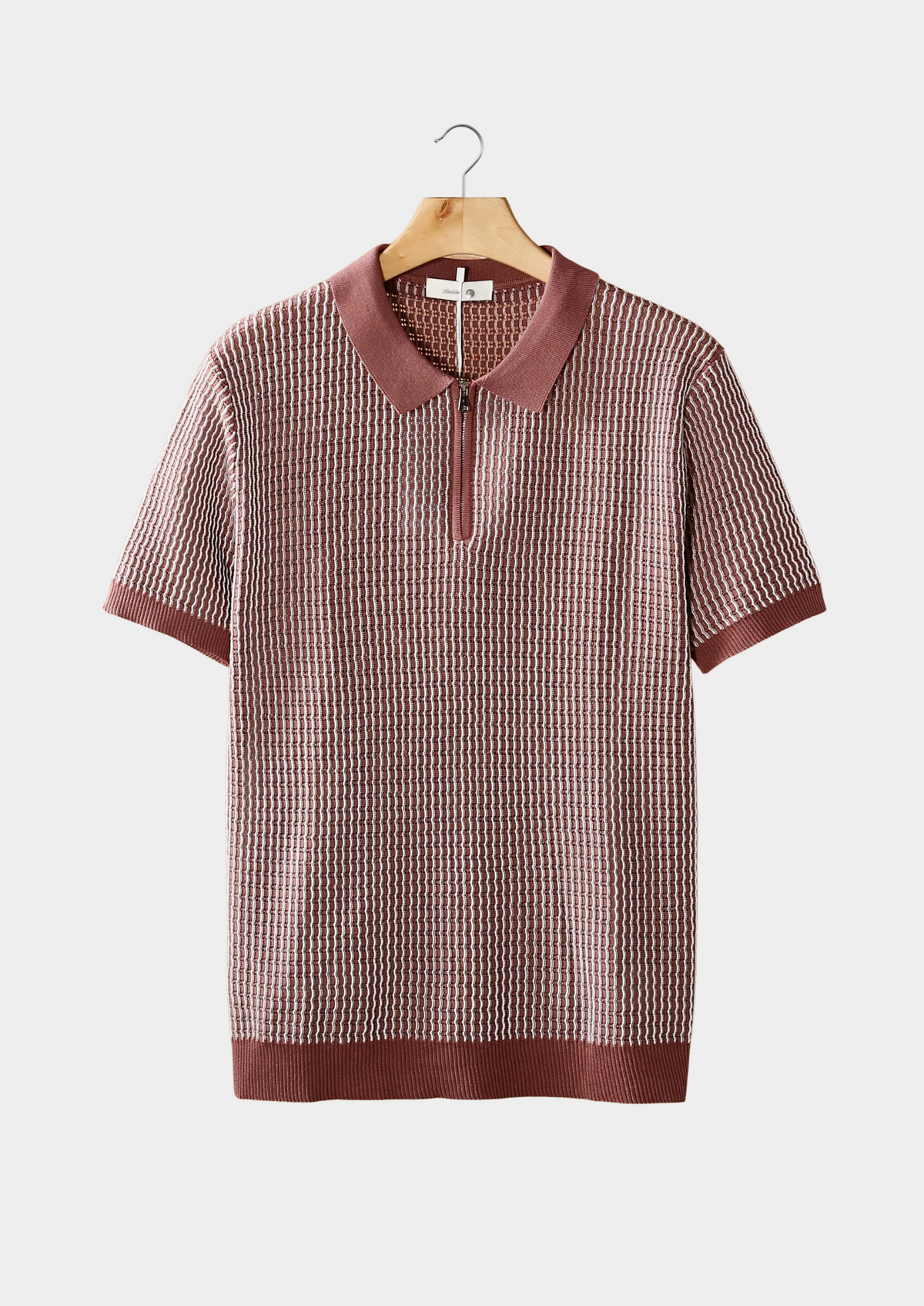 Dusty Rose Geometric Textured Zipper Polo | Arventti