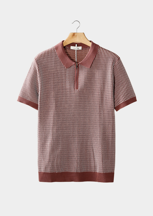 Dusty Rose Geometric Textured Zipper Polo | Arventti
