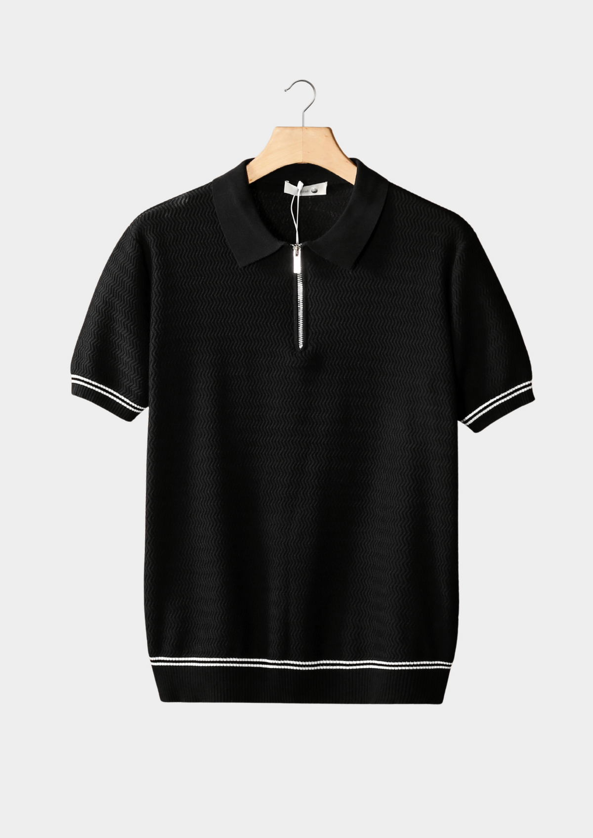 Black Zigzag Textured Zipper Polo | Arventti