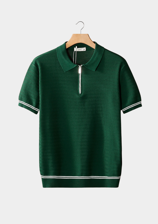 Green Zigzag Textured Zipper Polo | Arventti