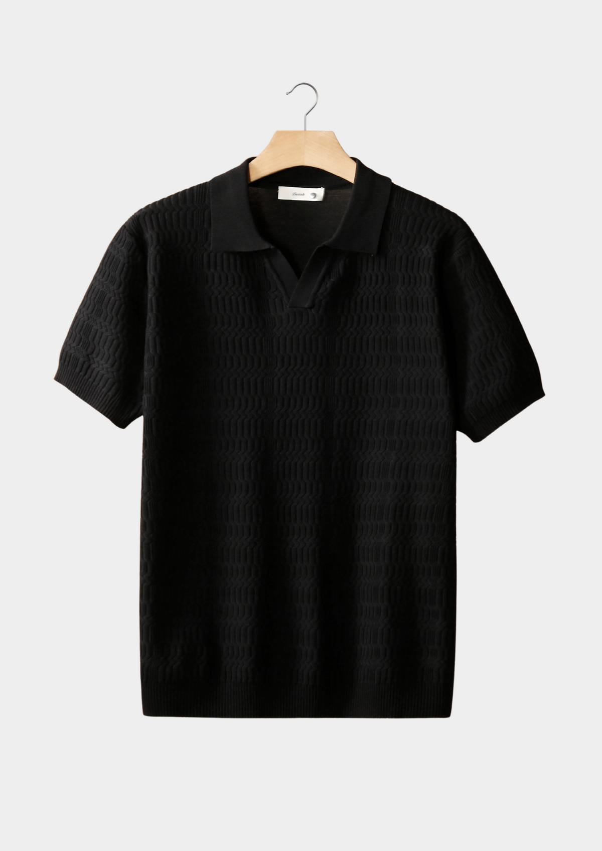 Black Patterned Knit Buttonless Polo | Arventti