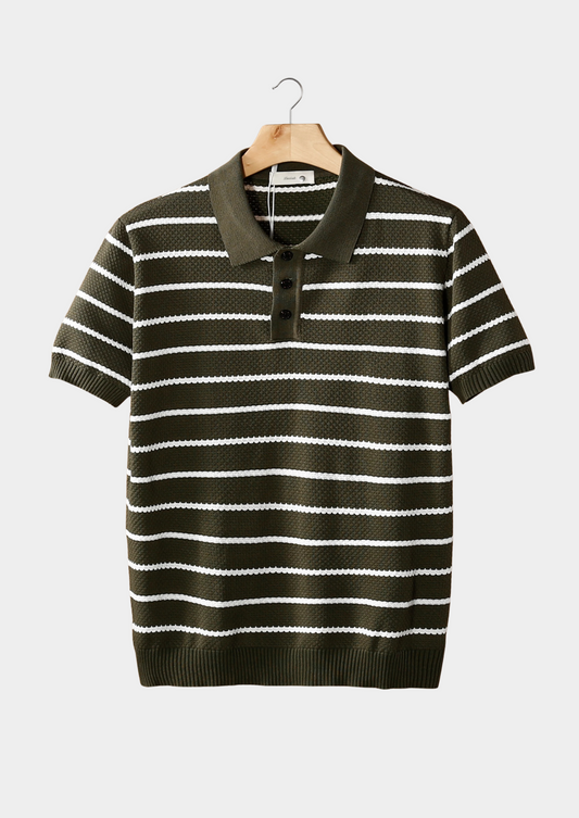 Olive Striped Textured Button Polo | Arventti