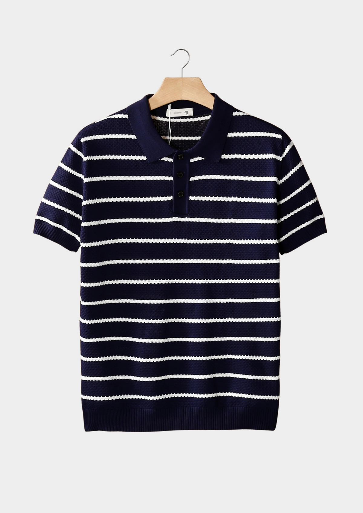 Navy Striped Textured Button Polo | Arventti