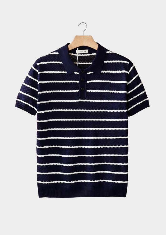 Navy Striped Textured Button Polo | Arventti