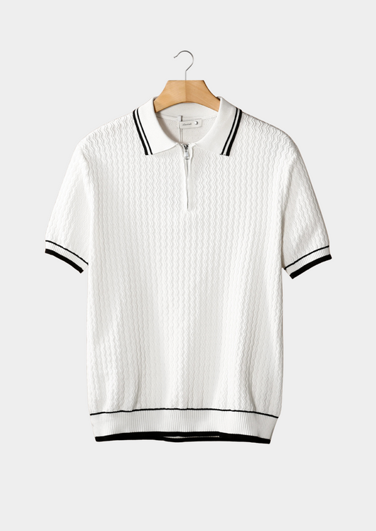 White Wavy Textured Zipper Polo | Arventti
