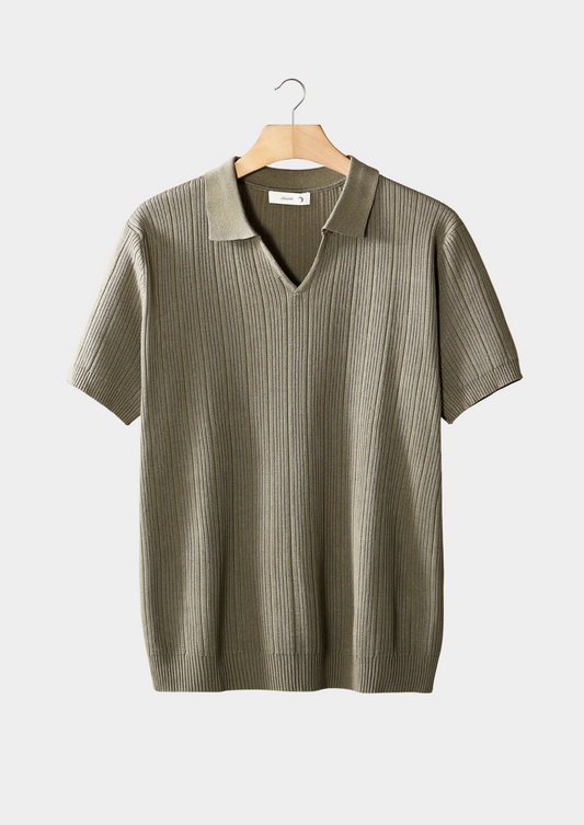 Taupe Open Collar Ribbed Polo | Arventti