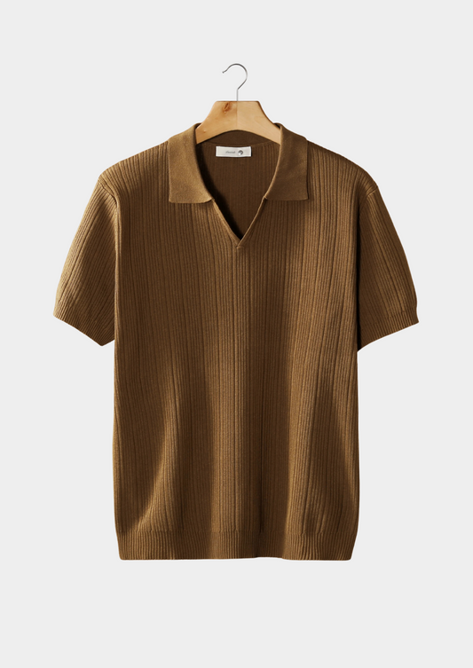 Caramel Open Collar Ribbed Polo | Arventti