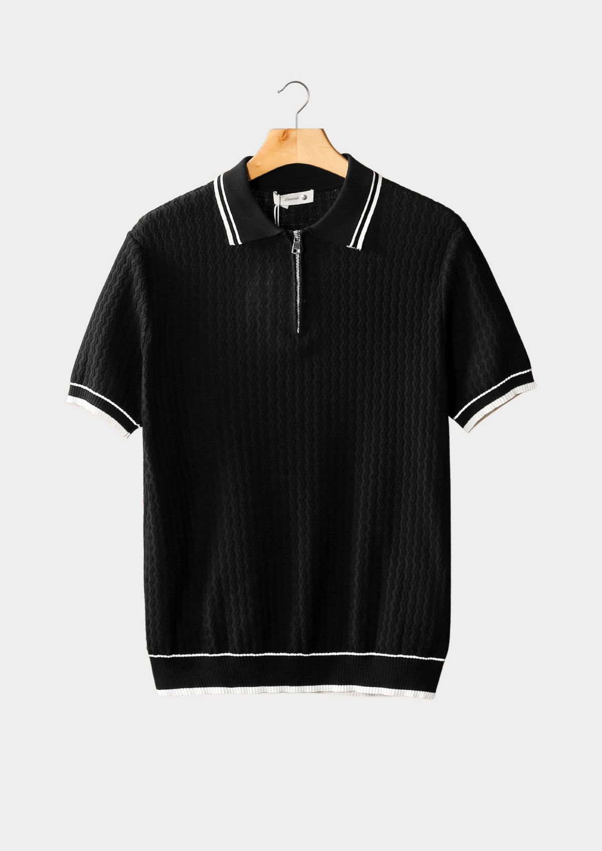 Black Wavy Textured Zipper Polo | Arventti